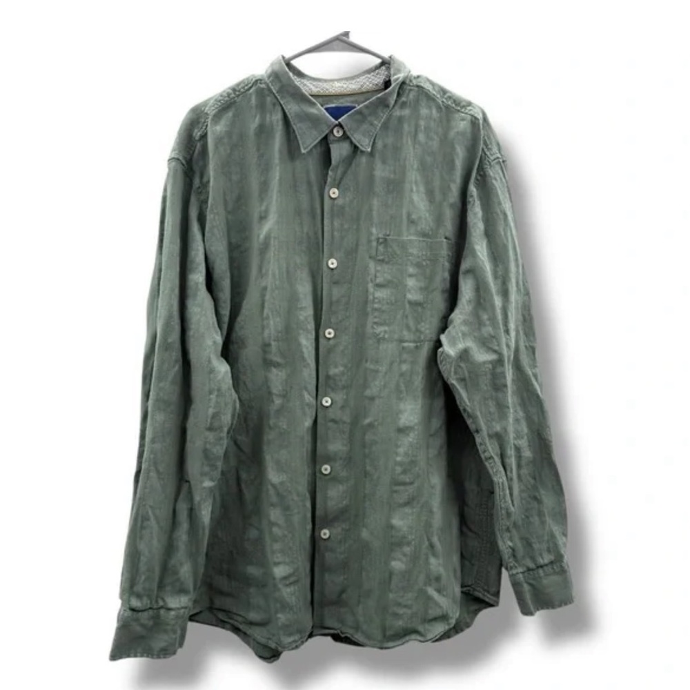Tommy Bahama Linen Blend Gray Green Long Sleeve Button Down Shirt Sz XXL